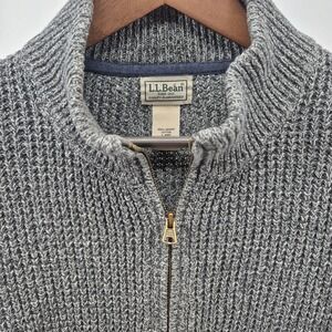 LL Bean Sweater Mens Large Gray Full Zip Elbow Pad Waffle Knit Grandpa Core